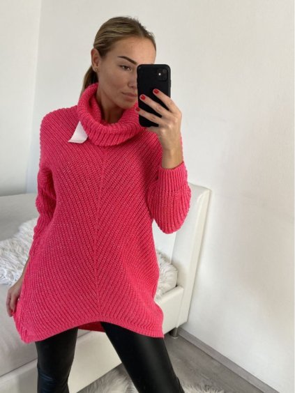 Svetr pletený prodloužený s rolákem dlouhý rukáv dámský (L/XL ONE SIZE) ITALSKÁ MÓDA IM4221286/DR (Velikost S/M/L, Barva růžová neon)