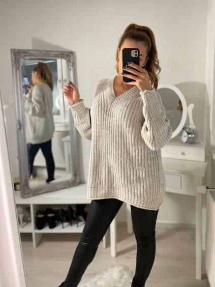 Svetr oversize pletený dlouhý rukáv dámský (S/M ONE SIZE) ITALSKÁ MÓDA IMM222008/DR (Velikost S/M/L, Barva béžová)