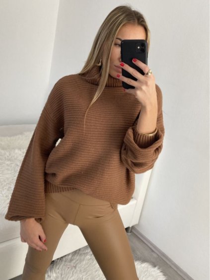 Svetr úpletový oversize s rolákem dlouhý rukáv dámský (S/M/L ONE SIZE) ITALSKá MóDA IM4221262/DR (Velikost M/L, Barva béžová)