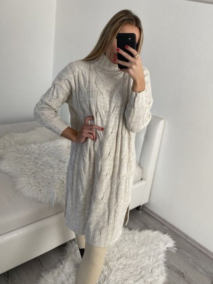 Šaty pletené dlouhý rukáv dámské (L/2XL ONE SIZE) ITALSKÁ MÓDA IMWAA223670/DR (Velikost S/M/L, Barva béžová)