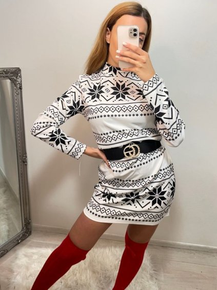 Šaty vánoční dlouhý rukáv se stojáčkem dámské (S/M ONE SIZE) ITALSKÁ MÓDA IMWB22370/DR (Velikost S/M/L, Barva bílá)