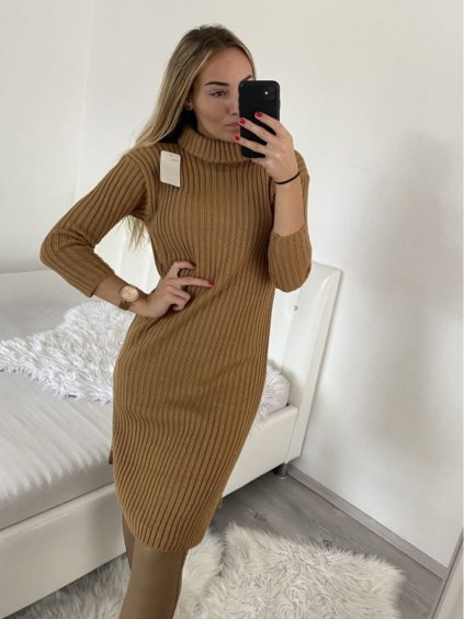Šaty pletené s rolákem dlouhý rukáv dámské (S/M/L/XL ONE SIZE) ITALSKÁ MÓDA IMWA224000/DR (Velikost S/M/L, Barva béžová)