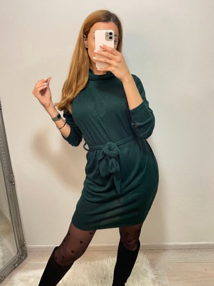 Šaty úpletové s rolákem a páskem dlouhý rukáv dámské (S/M/L ONE SIZE) ITALSKÁ MÓDA IMWB22371/DR (Velikost M/L, Barva Černá)