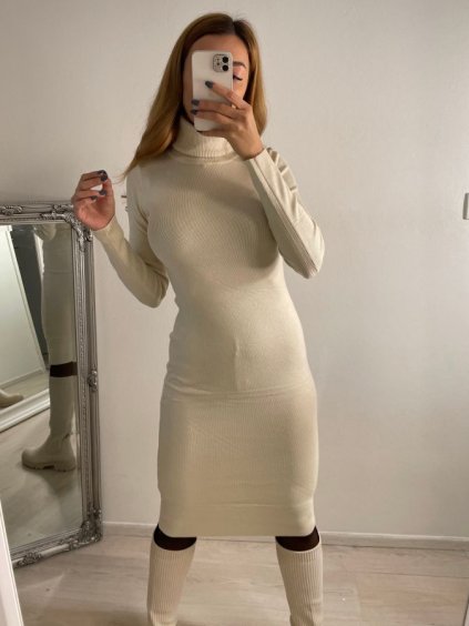 Šaty úpletové s rolákem dlouhý rukáv dámské (S/M ONE SIZE) ITALSKÁ MÓDA IMM22J51753/DR (Velikost S/M/L, Barva béžová)