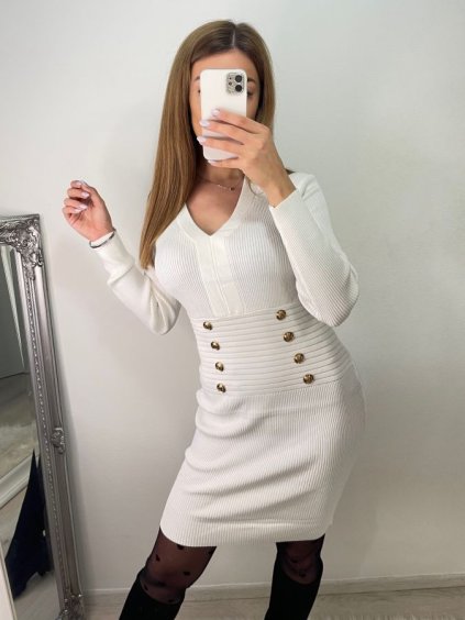 Šaty elegantní úpletové  dlouhý rukáv dámské (S/M ONE SIZE) FRANCOUZSKÁ MÓDA FMWKK22MCY03619/DU (Velikost S/M/L, Barva bílá)