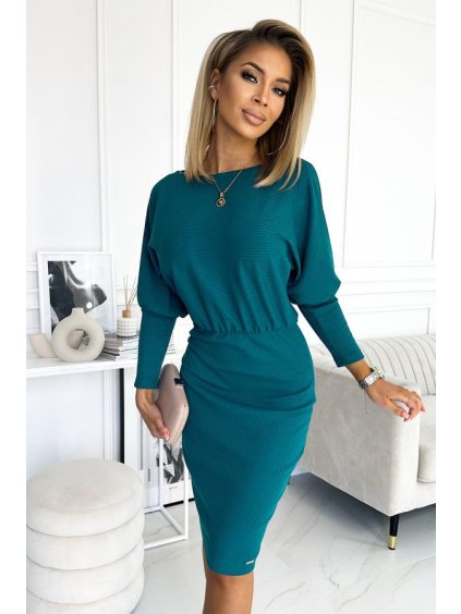 399-1 LARA Pruhované šaty s manžetami na rukávech - barva moře (Velikost XS, Barva _barva viz foto)