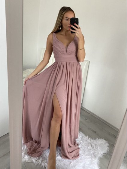 Šaty společenské dlouhé na ramínka dámské (S/M ONE SIZE) ITALSKÁ MÓDA IMPSH2260031/DU (Velikost S/M/L, Barva růžová starorůžová)