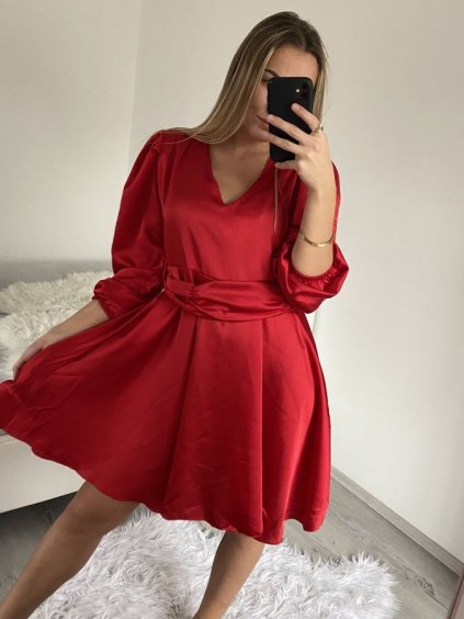 Šaty elegantní saténové dlouhý rukáv dámské (S/M/L ONE SIZE) ITALSKÁ MÓDA IMWB224072/DR (Velikost M/L, Barva červená)