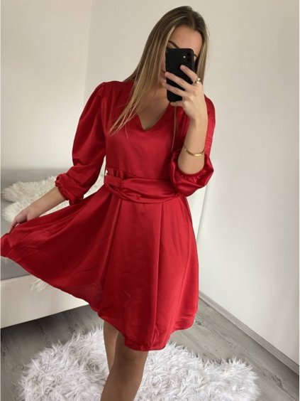 Šaty elegantní saténové dlouhý rukáv dámské (S/M/L ONE SIZE) ITALSKÁ MÓDA IMWB224072/DR (Velikost M/L, Barva červená)