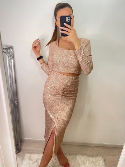 Souprava třpytivá flitrová sukně a top dlouhý rukáv dámská (S/M ONE SIZE) ITALSKÁ MÓDA IMWE224031/DU (Velikost S/M/L, Barva béžová)