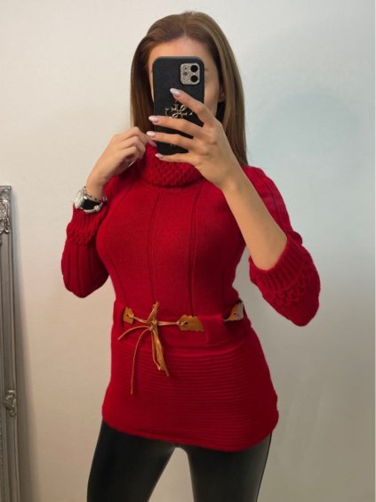 Svetr pletený prodloužený s rolákem a páskem dlouhý rukáv dámský (S/M ONE SIZE) ITALSKÁ MÓDA IM4222225/DU (Velikost S/M/L, Barva tmavě červená)