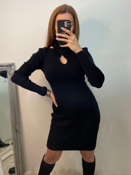 Šaty úpletové elegantní dlouhý rukáv dámské (S/M ONE SIZE) ITALSKÁ MÓDA IMPBB22Y23009/DU (Velikost S/M/L, Barva Černá)