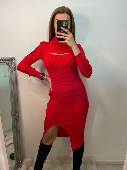 Šaty elegantní úpletové dlouhý rukáv dámské (S/M ONE SIZE) ITALSKÁ MÓDA IMPBB22Y22990/DU (Velikost S/M/L, Barva červená)