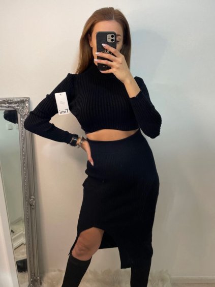 Souprava úpletová sukně a top dlouhý rukáv dámská (S/M ONE SIZE) ITALSKÁ MÓDA IMPBB22Y22928/DU (Velikost S/M/L, Barva Černá)