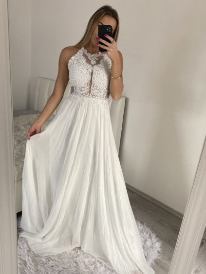 Šaty elegantní svatební společenské dlouhé na ramínka dámské (S/M ONE SIZE) ITALSKá MóDA IMM2268806/DU (Velikost S/M/L, Barva bílá)