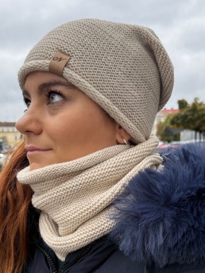 Čepice nákrčník souprava zimní dámská (ONE SIZE) POLSKÁ VÝROBA PV820056/DR (Velikost ONE SIZE, Barva béžová)