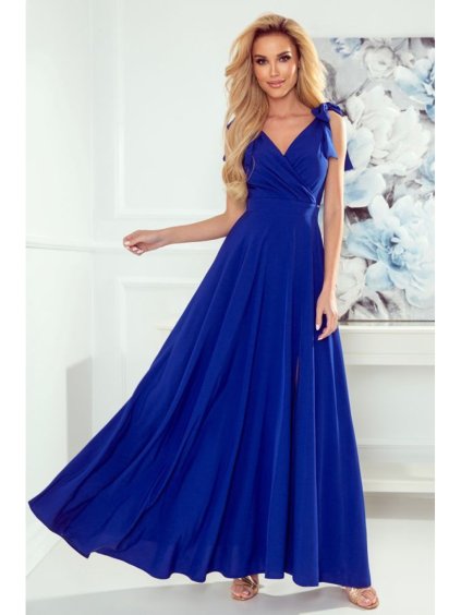 405-2 ELENA Dlouhé šaty s výstřihem a zavazováním na ramenou - modré (Velikost S, Barva _barva viz foto)