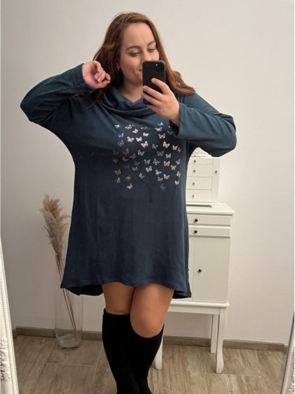 Šaty sametové s golirém dlouhý rukáv dámské nadrozměr (2XL/3XL ONE SIZE) ITALSKá MóDA IM422BUTFLY/DU (Velikost 2XL/3XL, Barva zelená smaragdová)