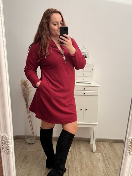 Šaty flaušové s kapucí se zipem dlouhý rukáv dámské nadrozměr (2XL/3XL/4XL ONE SIZE) ITALSKá MóDA IM422LEA/DU (Velikost 3XL/4XL/5XL, Barva vínová)