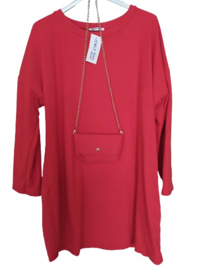 Šaty semišové s kabelkou dlouhý rukáv dámské nadrozměr (XL/2XL/3XL ONE SIZE) ITALSKá MóDA IM4221331/DR (Velikost 2XL/3XL, Barva červená)