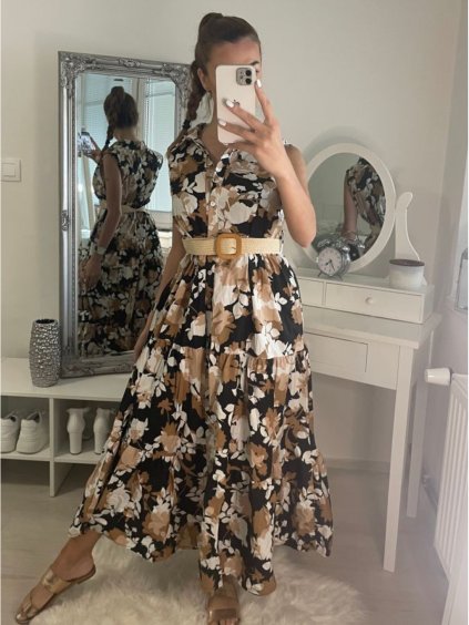 Šaty letní dlouhé košilové s páskem bez rukávu dámské (S/M ONE SIZE) ITALSKÁ MÓDA IMPLM220822/DR (Velikost S/M/L, Barva hnědá)