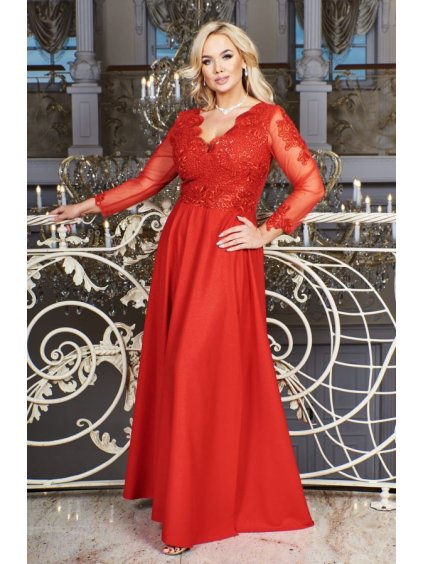 Šaty dlouhé elegantní společenské 3/4 rukáv dámské nadrozměr (36-54) POLSKÁ MÓDA PMLBF23ID1930 (Velikost 36, Barva červená)