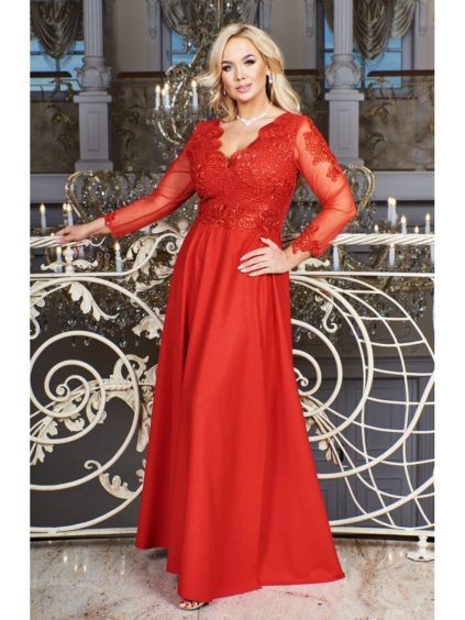 Šaty dlouhé elegantní společenské 3/4 rukáv dámské nadrozměr (36-54) POLSKÁ MÓDA PMLBF23ID1930 (Velikost 36, Barva červená)