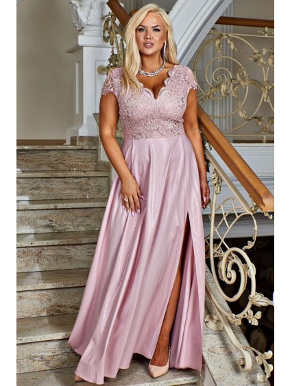 Šaty dlouhé elegantní společenské krátký rukáv dámské nadrozměr (44-54) POLSKÁ MÓDA PMLBF23ID3273 (Velikost 44, Barva růžová)