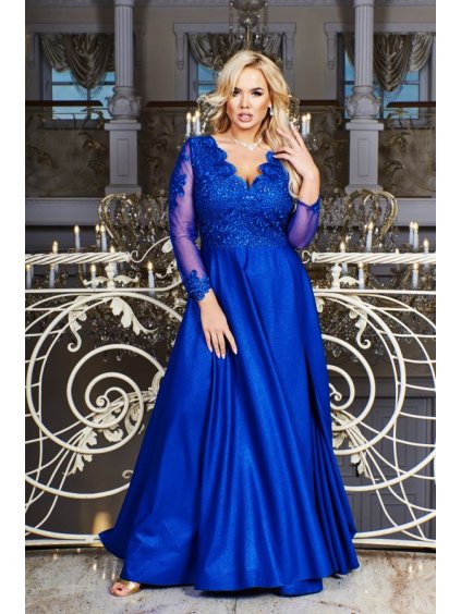Šaty dlouhé elegantní společenské 3/4 rukáv dámské nadrozměr (52-54) POLSKÁ MÓDA PMLBF23ID1867 (Velikost 52, Barva modrá královská)