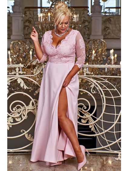 Šaty dlouhé elegantní společenské 3/4 rukáv dámské nadrozměr (40-54) POLSKÁ MÓDA PMLBF23ID2498 (Velikost 40, Barva růžová)