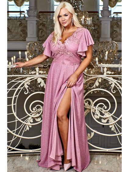 Šaty dlouhé elegantní společenské krátký rukáv dámské nadrozměr (48-54) POLSKÁ MÓDA PMLBF23ID3199 (Velikost 48, Barva růžová)