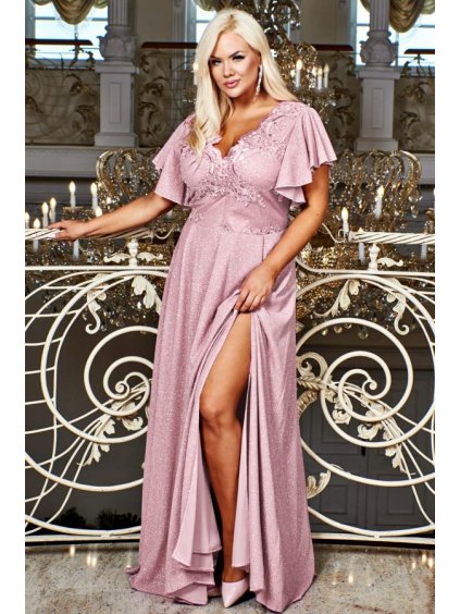 Šaty dlouhé elegantní společenské krátký rukáv dámské nadrozměr (48-54) POLSKÁ MÓDA PMLBF23ID3198 (Velikost 48, Barva růžová)