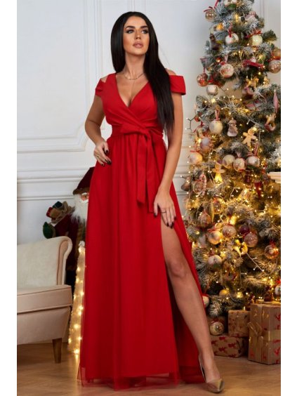 Šaty elegantní společenské krátký rukáv dámské nadrozměr (36-42) POLSKÁ MÓDA PMLBF23ID3540 (Velikost 36, Barva červená)