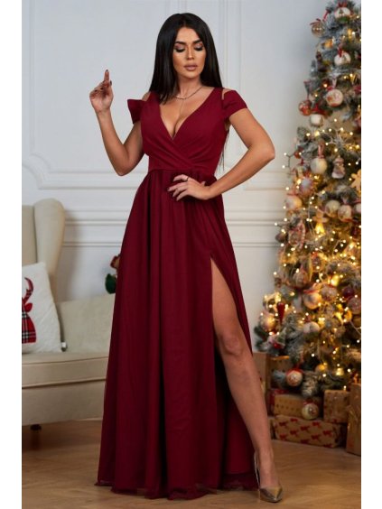 Šaty elegantní společenské krátký rukáv dámské nadrozměr (36-42) POLSKÁ MÓDA PMLBF23ID3544 (Velikost 36, Barva vínová)