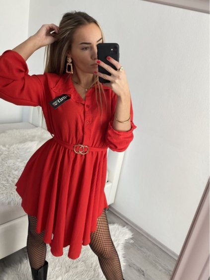 Šaty košilové s páskem dlouhý rukáv dámské (S/M ONE SIZE) ITALSKÁ MÓDA IMWD223000/DR (Velikost S/M/L, Barva béžová)
