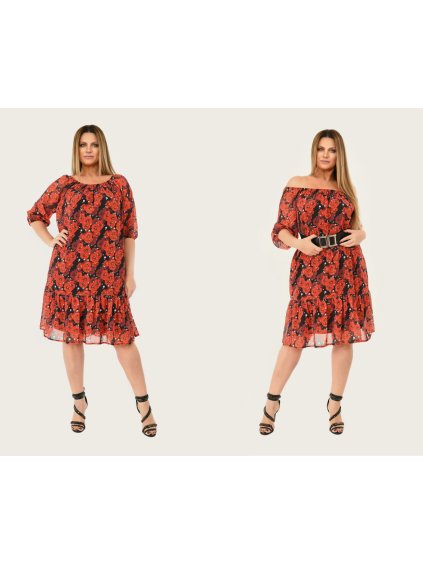 Šaty šifonové carmen 3/4 rukáv dámské nadrozměr (2XL/3XL ONE SIZE) POLSKÁ MÓDA PMLSF22LUCIA/DU (Velikost 2XL/3XL, Barva Černá)