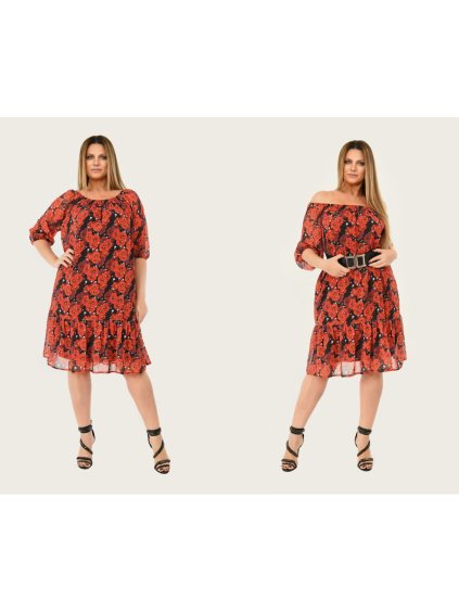Šaty šifonové carmen 3/4 rukáv dámské nadrozměr (2XL/3XL ONE SIZE) POLSKÁ MÓDA PMLSF22LUCIA/DU (Velikost 2XL/3XL, Barva Černá)