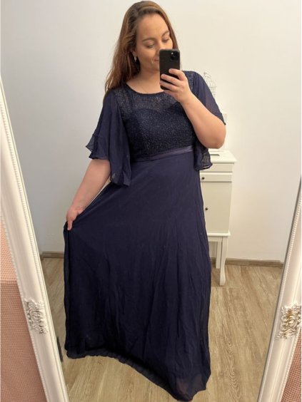 šaty plesové dlouhé elegantní společenské krátký rukáv dámské (XL/2XL/3XL ONE SIZE) ITALSKÁ MÓDA IMM23001/DU (Velikost 2XL/3XL, Barva tmavě modrá)