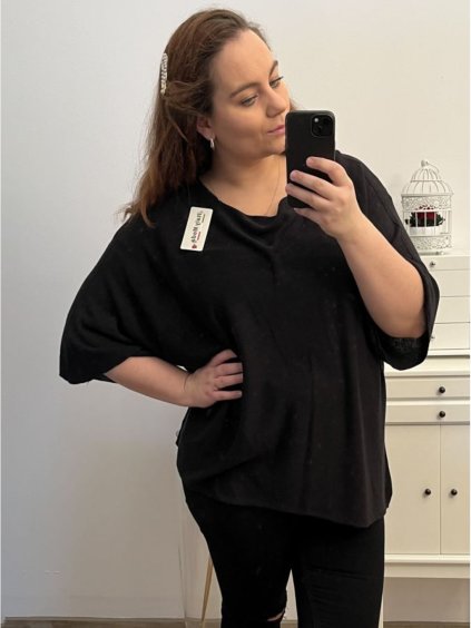 Svetr tenký oversize krátký rukáv dámský nadrozměr (3XL/4XL/5XL ONE SIZE) ITALSKÁ MÓDA IM423BLACK/DU