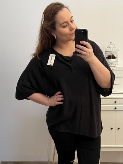 Svetr tenký oversize krátký rukáv dámský nadrozměr (3XL/4XL/5XL ONE SIZE) ITALSKÁ MÓDA IM423BLACK/DU (Velikost 4XL/5XL, Barva Černá)