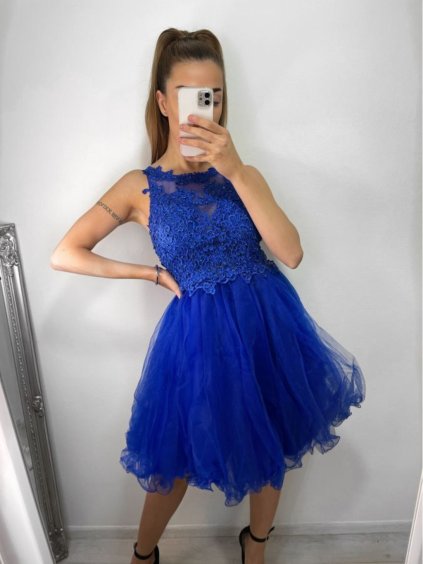 Šaty elegantní krajkové plesové krátké dámské (S/M ONE SIZE) ITALSKÁ MÓDA IMM2219810/DU (Velikost S/M/L, Barva modrá královská)