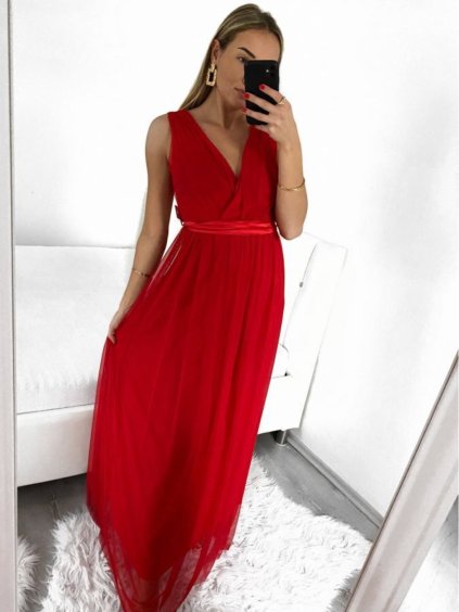 Šaty dlouhé společenské na ramínka dámské (S/M ONE SIZE) ITALSKÁ MÓDA IMPSH223677/DR (Velikost S/M/L, Barva červená)