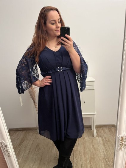 Šaty elegantní společenské dlouhý rukáv dámské nadrozměr (XL/2XL ONE SIZE) ITALSKÁ MÓDA IMPSH2280649/DU (Velikost XL/2XL, Barva tmavě modrá)