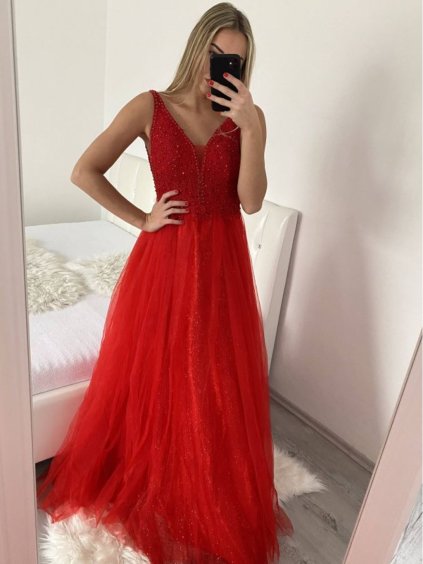 Šaty dlouhé společenské elegantní letní na ramínka dámské (M/L, L/XL) ITALSKÁ MÓDA IMPSH22260019/DU (Velikost M/L, Barva červená)