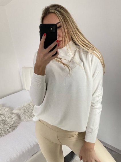 Svetr úpletový se stojáčkem dlouhý rukáv dámský nadrozměr (L/XL/2XL ONE SIZE) ITALSKá MóDA IMM22N8819/DU (Velikost XL/2XL, Barva bílá)