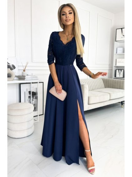 Šaty elegantní krajkové dlouhé 3/4 rukávy (S-2XL) ITALSKÁ MÓDA NMC-309-6/DU (Velikost S, Barva tmavě modrá)