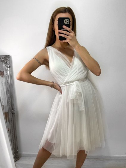 Šaty společenské tylové na ramínka dámské (S/M/L ONE SIZE) ITALSKá MóDA IM9239005/DU (Velikost M/L, Barva bílá)