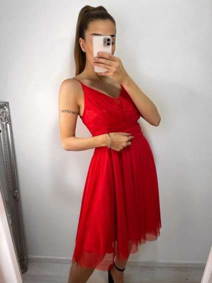 Šaty elegantní společenské na ramínka dámské (S/M ONE SIZE) ITALSKÁ MÓDA IMPSH23C666/DU (Velikost S/M/L, Barva červená)