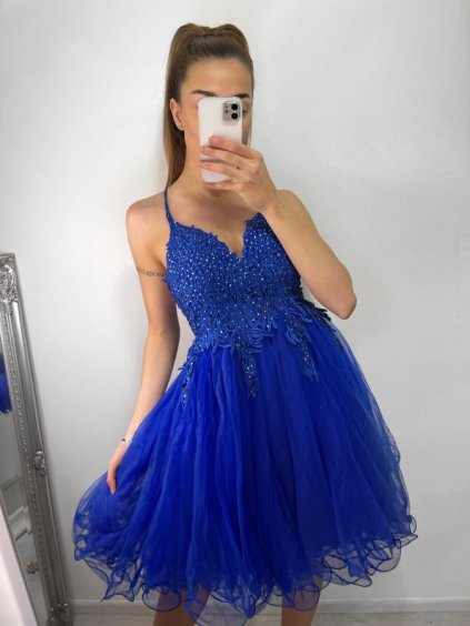 Šaty krátké společenské elegantní plesové dámské (UNI S/M) ITALSKÁ MÓDA IMM21389/DU (Velikost S/M/L, Barva modrá královská)