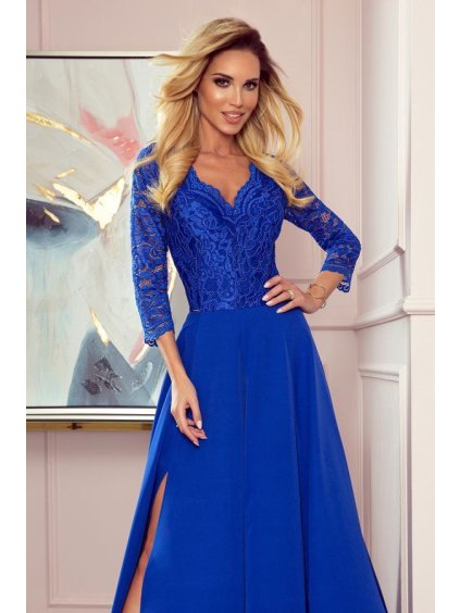 Šaty elegantní krajkové dlouhé 3/4 rukávy (S-2XL) ITALSKÁ MÓDA NMC-309-2/DU (Velikost XXL, Barva modrá královská)